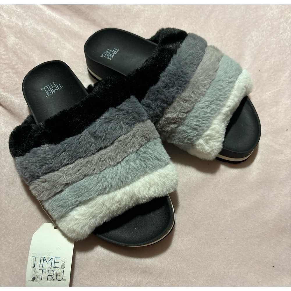 NEW Time and Tru Super Soft Furry Ombré Grey Slide Sandals, Size‎ 6